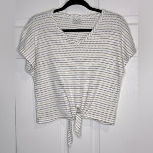 Paper Crane Women’s Cream and Tan Striped Tie-Front Tee  - Size Medium